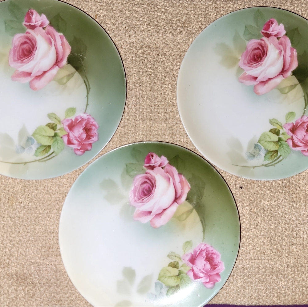 Vintage RS Germany Floral Pink Roses Dessert Bread Plates Green Ombre Pre-WWII